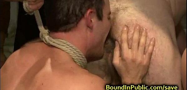  Bound gay anal gangbanged in suspension